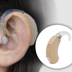 UP-6CE behind-the-ear hearing aid for seniors with replaceable batteries.